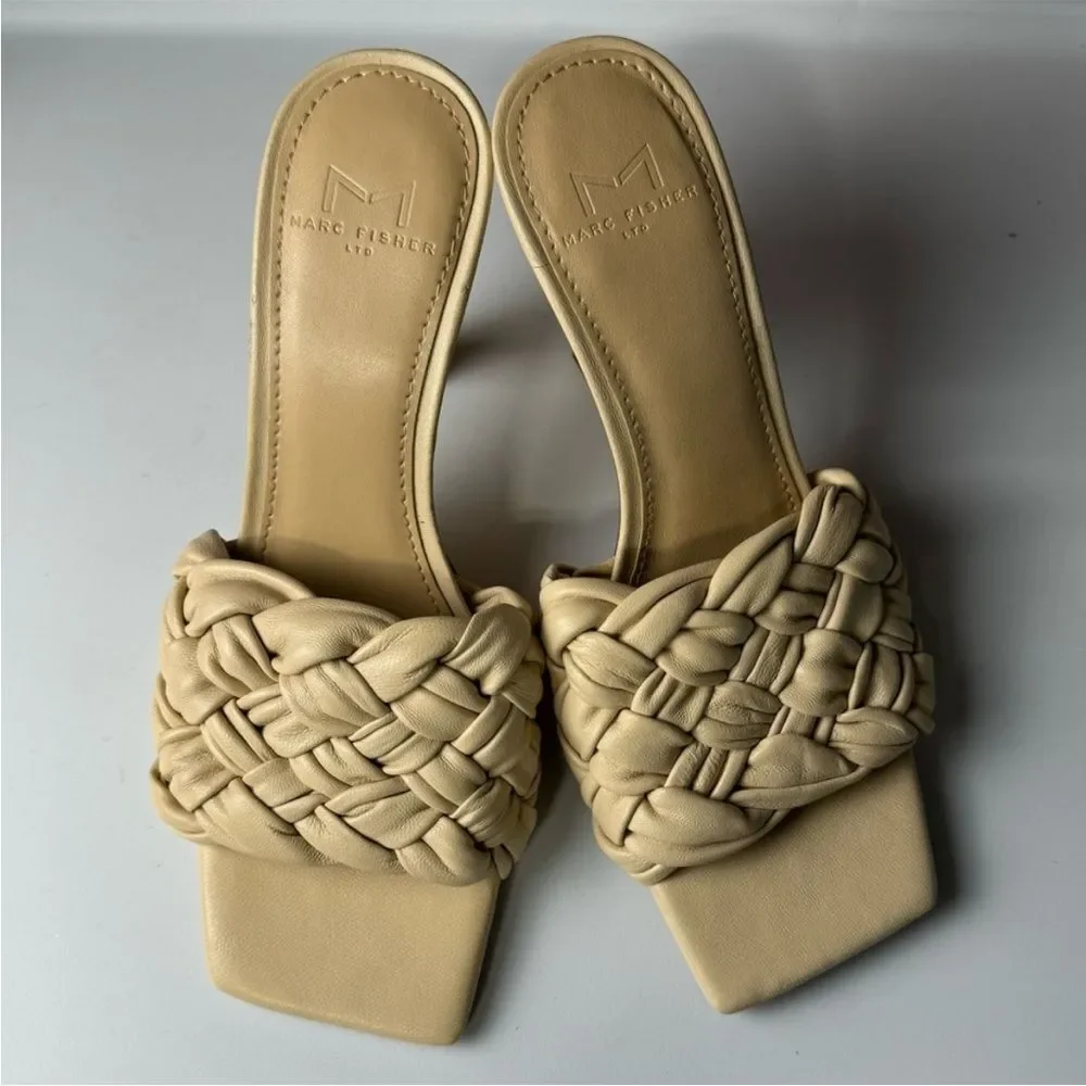 MARC FISHER Leather Draya Braided Woven Sandal Heel Nude Size 5.5